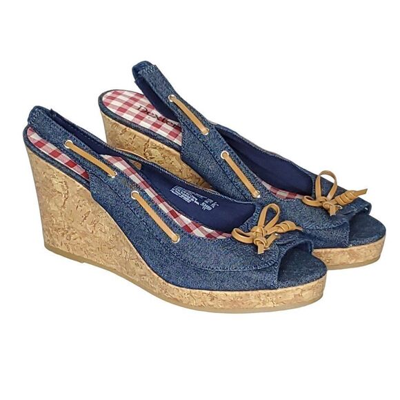NEW Dexture Denim Slingback Wedge Sandal 9 Bow Cork Look Peep Toe Blue Brown - Picture 1 of 5